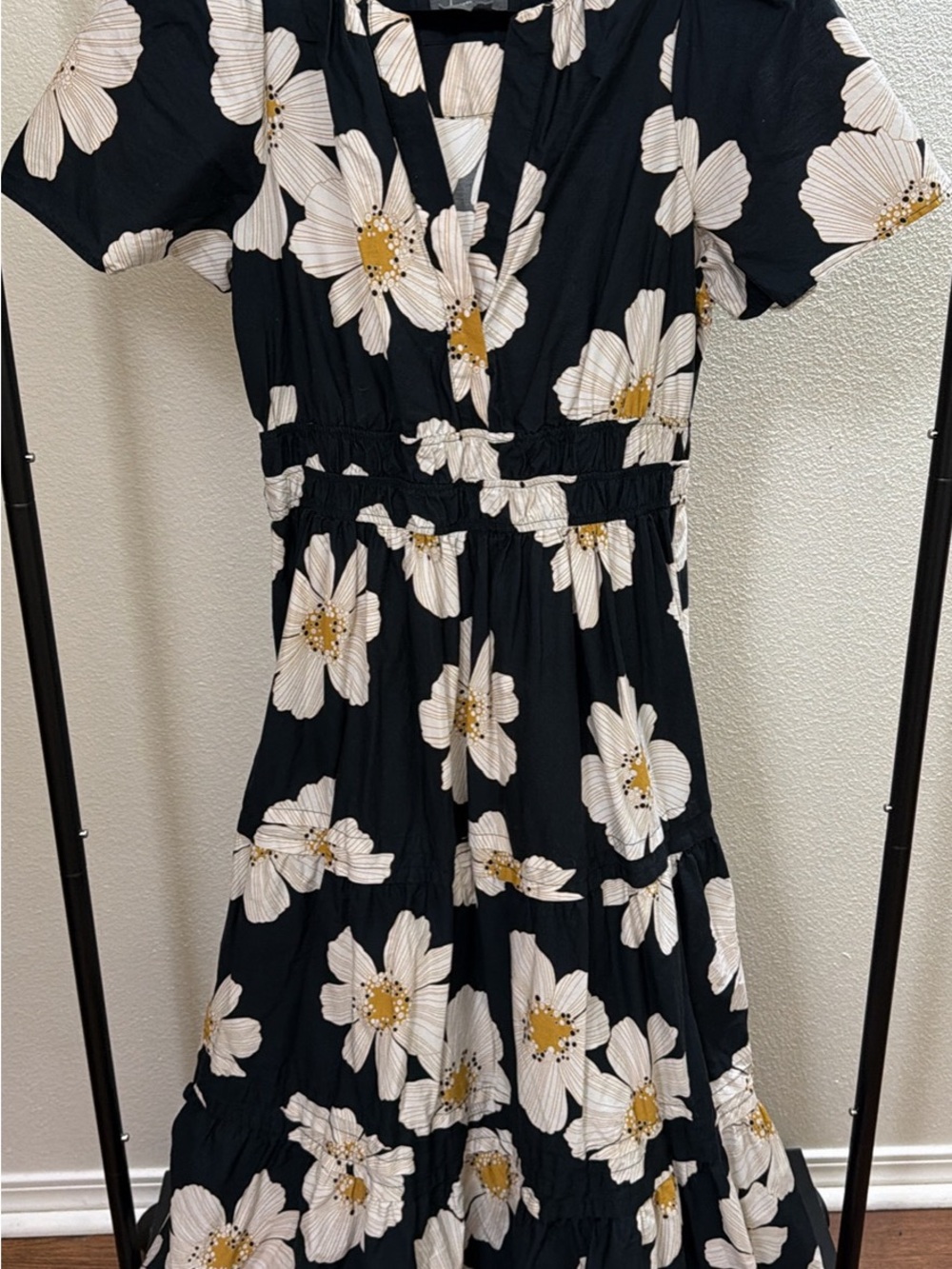 Anthropology Black Floral Tiered V-Neck Midi Dress with White & Mustard Blooms